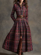 Vestido Largo de Vaquera Étnica Retro para Mujer con Cuello, Cinturón y Mangas Largas – Marrón Rojizo