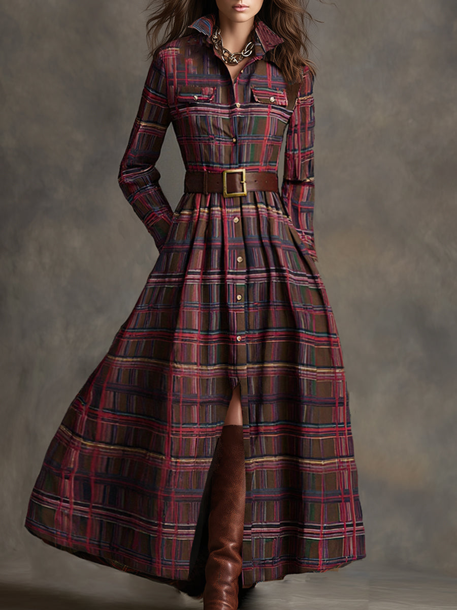 Vestido Largo de Vaquera Étnica Retro para Mujer con Cuello, Cinturón y Mangas Largas – Marrón Rojizo