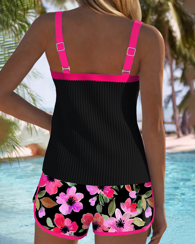 Conjunto de Tankini de Dos Piezas para Mujeres con Estampado Floral, Pantalones Cortos, Espalda Descubierta, Ropa de Baño para Vacaciones en la Playa, Piscina, Verano y Resort – Soleil