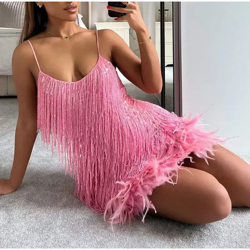 Vestido Mini Elegante de Lentejuelas con Plumas Rosas, Tirantes de Espagueti, Glamour para Cóctel, Noche de Fiesta