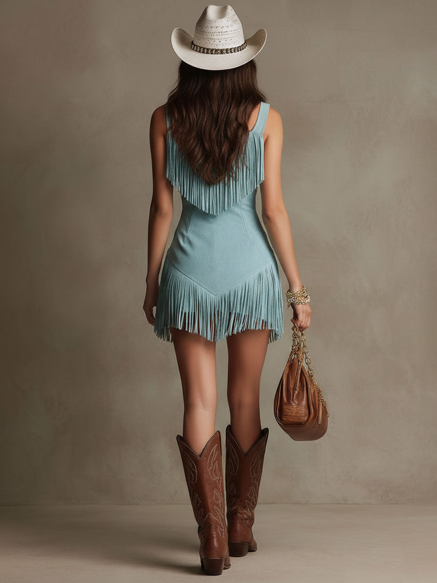 Vestido Mini Sin Mangas de Ante Sintético con Flecos Retro Western para Mujeres – Azul Claro