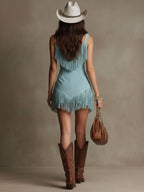 Vestido Mini Sin Mangas de Ante Sintético con Flecos Retro Western para Mujeres – Azul Claro