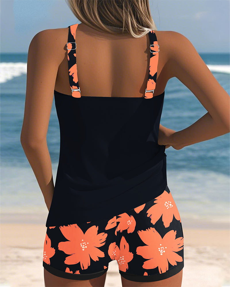 Conjunto de Tankini Sin Mangas con Escote en U para Mujeres, Pantalones Cortos de Boxer Florales, Playa, Piscina, Vacaciones, Resort, Verano Activo – Paradiso