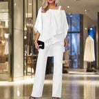 Conjunto de Dos Piezas de Chifón de Lujo para Mujeres, Top con Capa y Pantalones de Pierna Ancha, Elegante para la Noche y Oficina, Corte Suelto