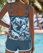 Conjunto de Tankini sin Mangas con Escote en U Impreso para Mujeres, Top Botánico Tropical, Pantalones Cortos de Baño, Playa, Piscina, Vacaciones, Resort, Verano – Botanica