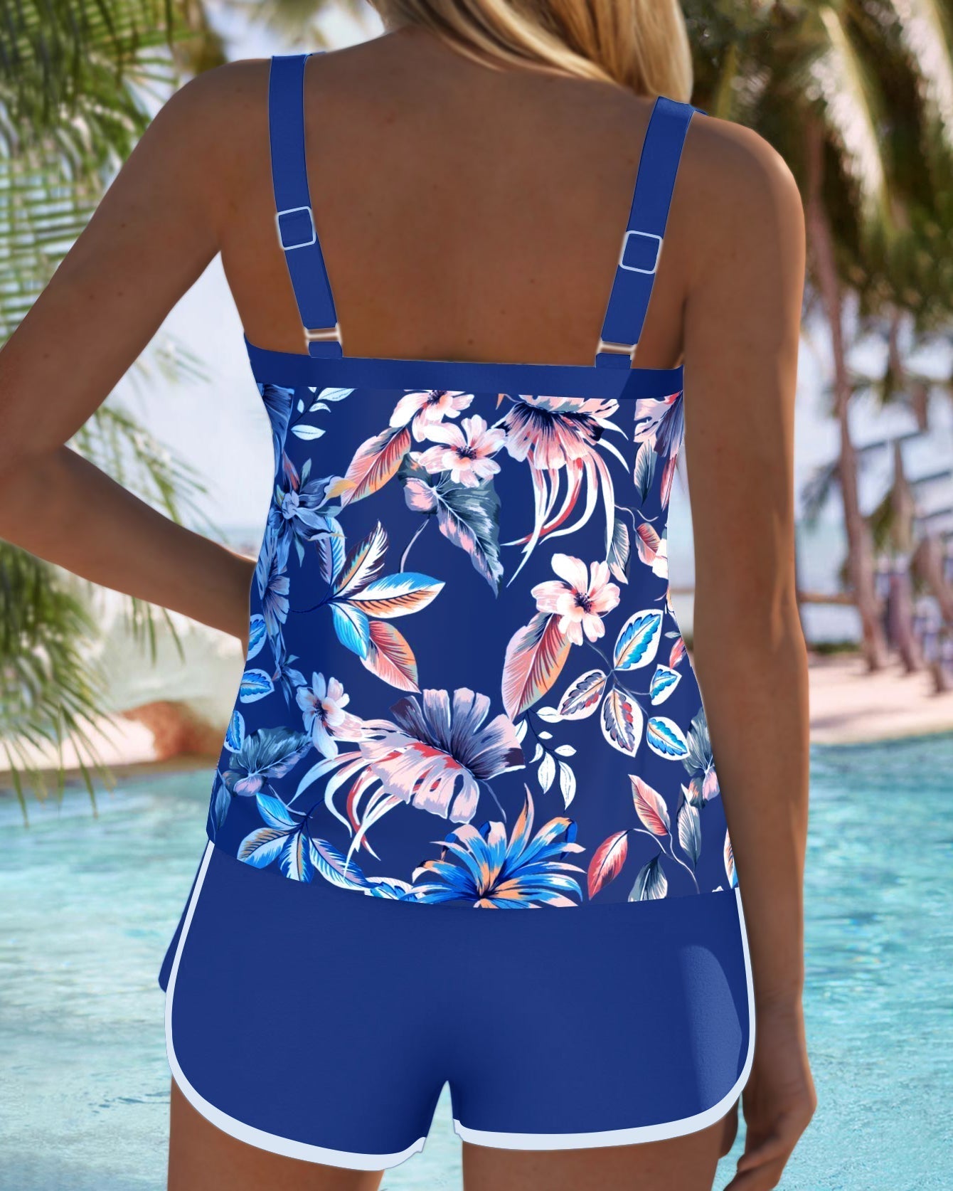 Conjunto de Tankini sin Mangas con Escote en U Impreso para Mujeres, Top Botánico Tropical, Pantalones Cortos de Baño, Playa, Piscina, Vacaciones, Resort, Verano – Botanica