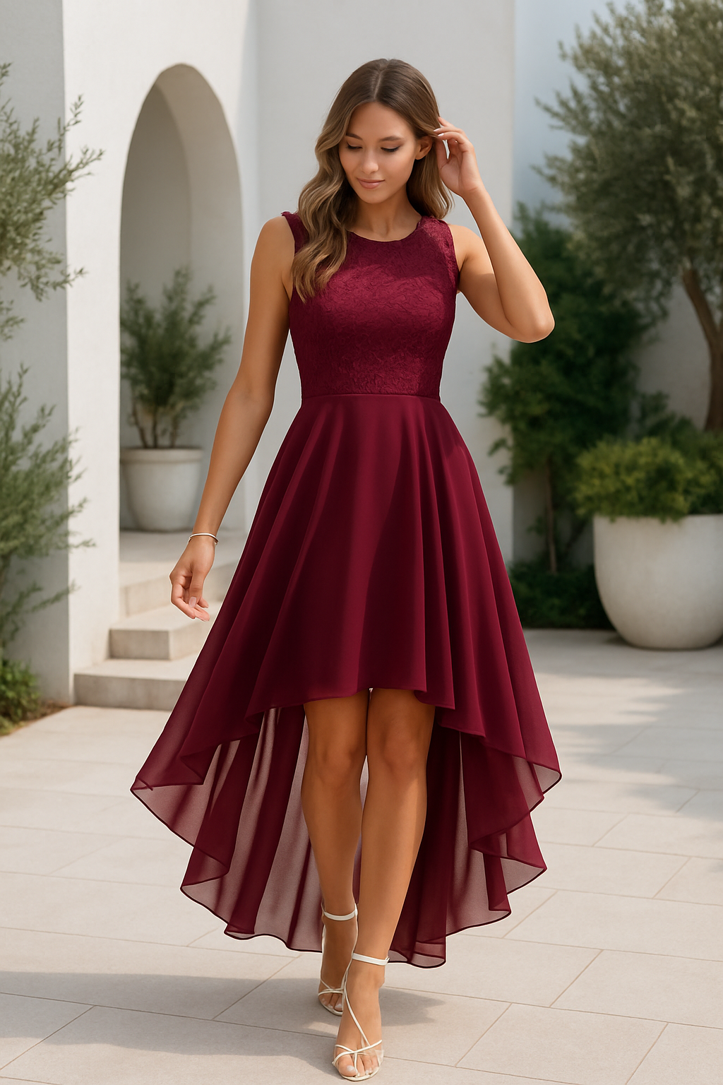 Vestido Formal de Mujer Hi-Low Midi para Invitadas de Boda Sin Mangas Fluido Elegante