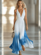 Vestido Largo Plisado Elegante para Mujer Chiffon con Escote en V para Invitadas de Boda Fiesta Formal de Verano – Degradado Azul Blanco