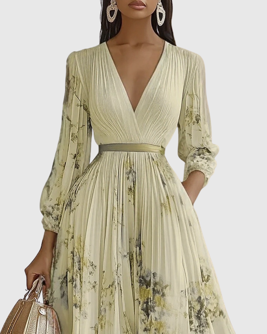Vestido Largo Floral Plisado Elegante para Mujer con Escote en V y Manga Larga, Cintura con Cinta, Formal e Informal – Rowella