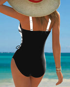 Traje de baño de una pieza para mujer con diseño de color contrastante, con cordones y frente envolvente, sin mangas, para la playa en verano