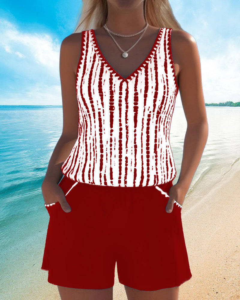 Conjunto de Tankini de Rayas con Escote en V para Mujer con Bolsillo y Pantalones Cortos Sólidos – Nautica