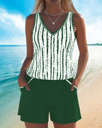 Conjunto de Tankini de Rayas con Escote en V para Mujer con Bolsillo y Pantalones Cortos Sólidos – Nautica