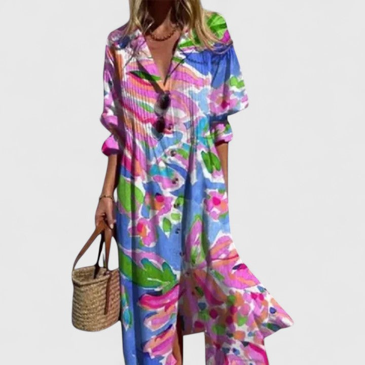 Vestido Midi de Verano Boho Floral Elegante para Mujeres con Estampado Audaz Sin Mangas Fluyente Casual – Paula