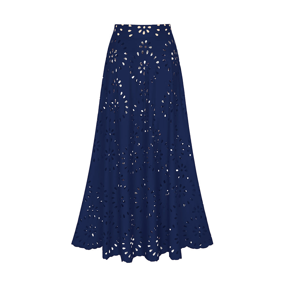 Bañador de Una Pieza con Corte Láser de Flores Huecas para Mujeres con Falda Cubierta, Escote en V, Elegante para la Playa, Verano – Azul Marino