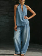 Conjunto de Denim Minimalista de Dos Piezas para Mujeres, Top Halter y Pantalones de Pierna Ancha, Ropa Casual de Calle para el Verano – Zaria