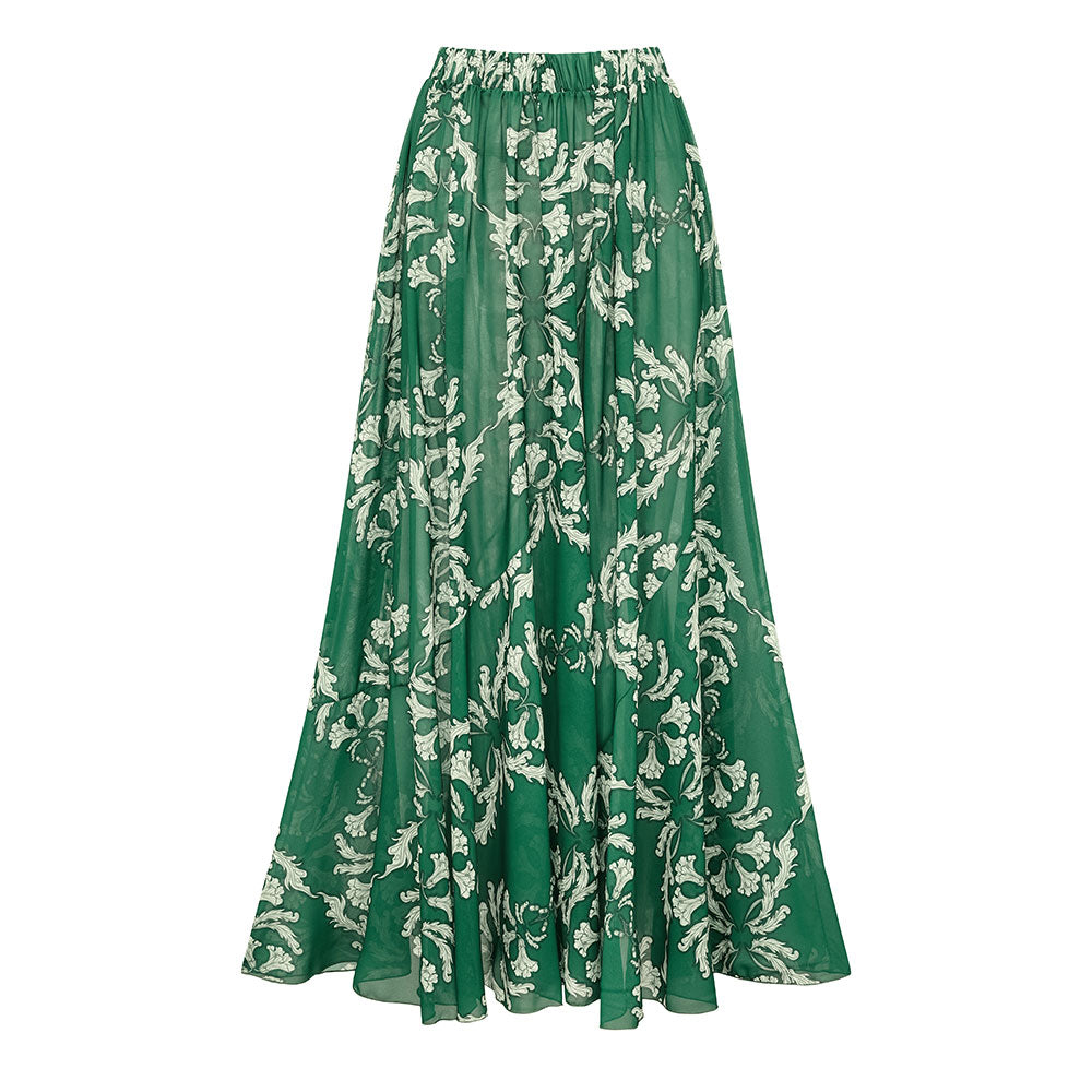 Conjunto de traje de baño de una pieza con escote en V, cordones y falda larga impresa para mujeres – Verde Floral