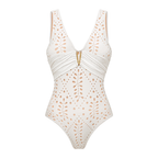 Conjunto de traje de baño de una pieza con escote en V, corte láser y florales & falda larga para vacaciones en la playa, resort, fiesta en la piscina, crucero, luna de miel – Blanco