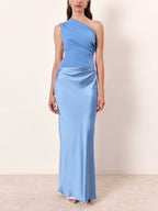 Vestido Largo de Satén Plisado de Una Sola Manga para Mujer Elegante Invitada de Boda Fiesta Noche – Anita