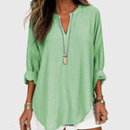 Camisa de Playa Elegante y Fluida para Mujeres con Cuello en V y Manga Larga, Ajuste Relajado, Casual de Verano – Lenara
