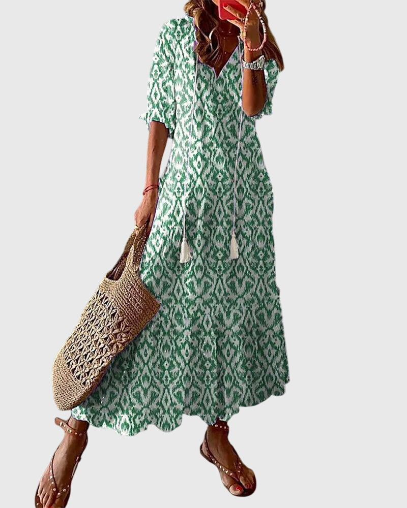 Vestido Midi de Verano Boho Vintage para Mujeres con Estampado Floral y Manga Corta Casual Femenino Chic – Amalia