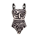Conjunto de Traje de Baño de Una Pieza con Estampado Tribal para Mujeres y Falda Larga con Tirantes Ajustables para Vacaciones en la Playa, Fiesta en la Piscina, Verano en el Resort – Negro y Blanco