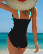 Traje de baño de una pieza para mujer con diseño de color contrastante, con cordones y frente envolvente, sin mangas, para la playa en verano
