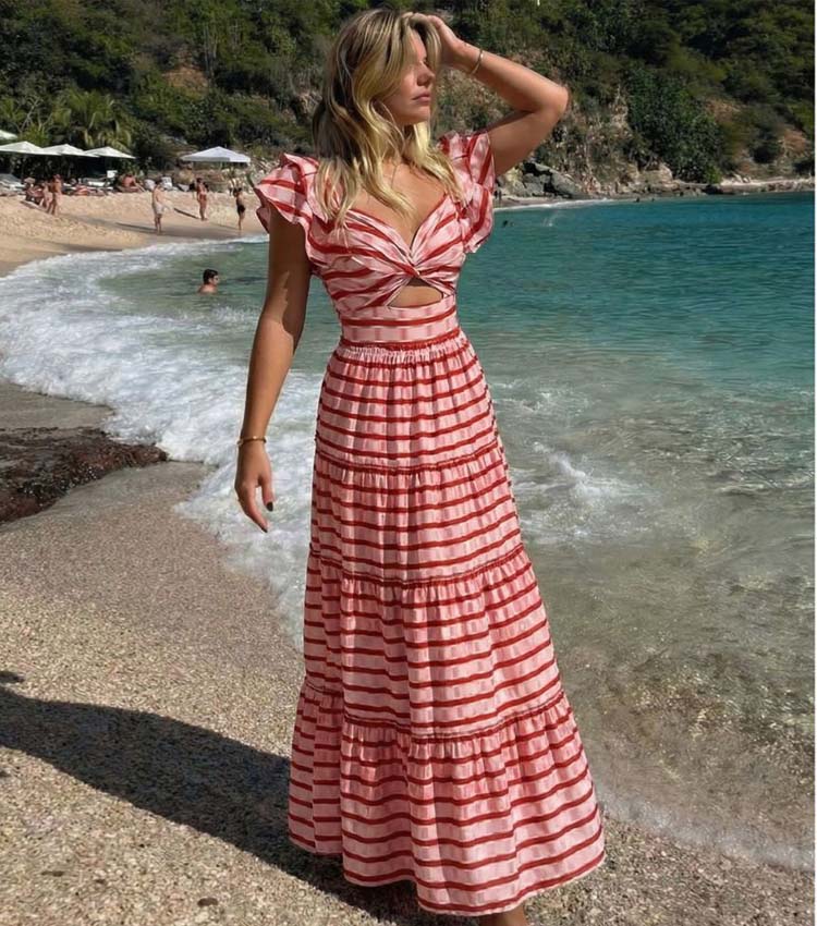 Conjunto de Traje de Baño de Una Pieza con Volantes y Falda Larga a Rayas Rojas - Frente Torcido para Vacaciones en la Playa, Fiesta en la Piscina, Verano en el Resort – Rojo y Blanco