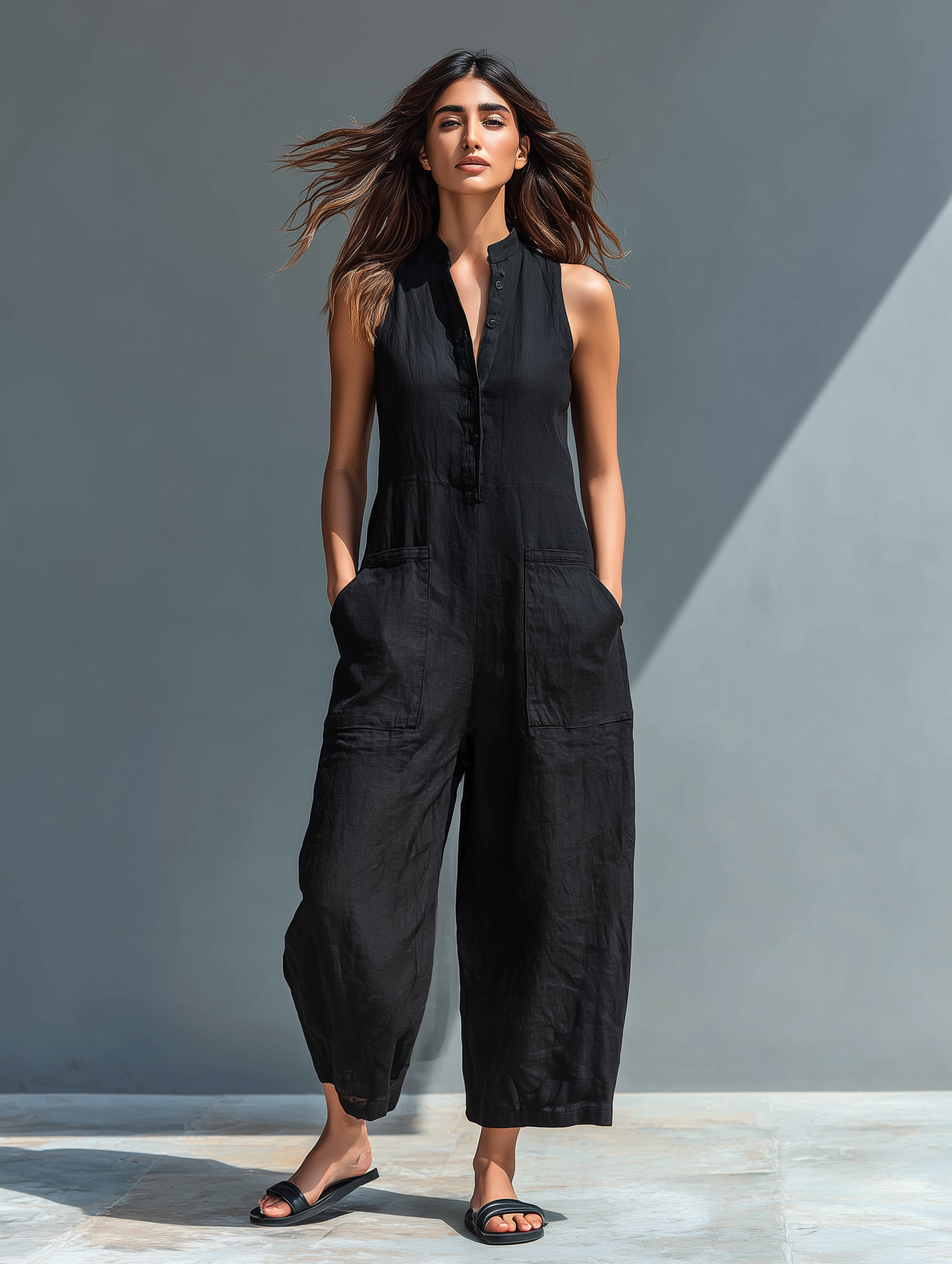 Mono sin mangas de lino minimalista con cuello de pie y botones para mujer