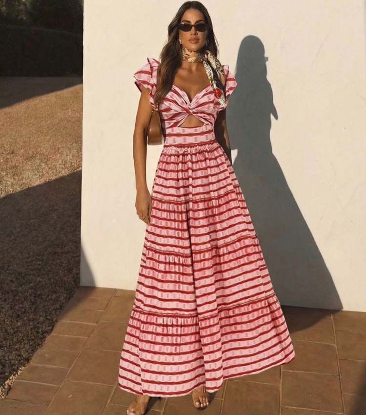 Conjunto de Traje de Baño de Una Pieza con Volantes y Falda Larga a Rayas Rojas - Frente Torcido para Vacaciones en la Playa, Fiesta en la Piscina, Verano en el Resort – Rojo y Blanco