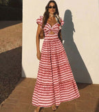 Conjunto de Traje de Baño de Una Pieza con Volantes y Falda Larga a Rayas Rojas - Frente Torcido para Vacaciones en la Playa, Fiesta en la Piscina, Verano en el Resort – Rojo y Blanco