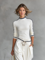 Conjunto Deportivo de Dos Piezas para Mujeres con Top de Cuello Medio Alto y Pantalones Anchos con Cuerda – Blanco
