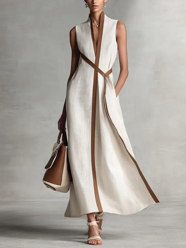 Vestido Midi Formal Sin Mangas de Algodón y Lino para Mujer, Cuello Alto, Verano, Playa, Vacaciones, Trabajo, Uso Diario – Aurora