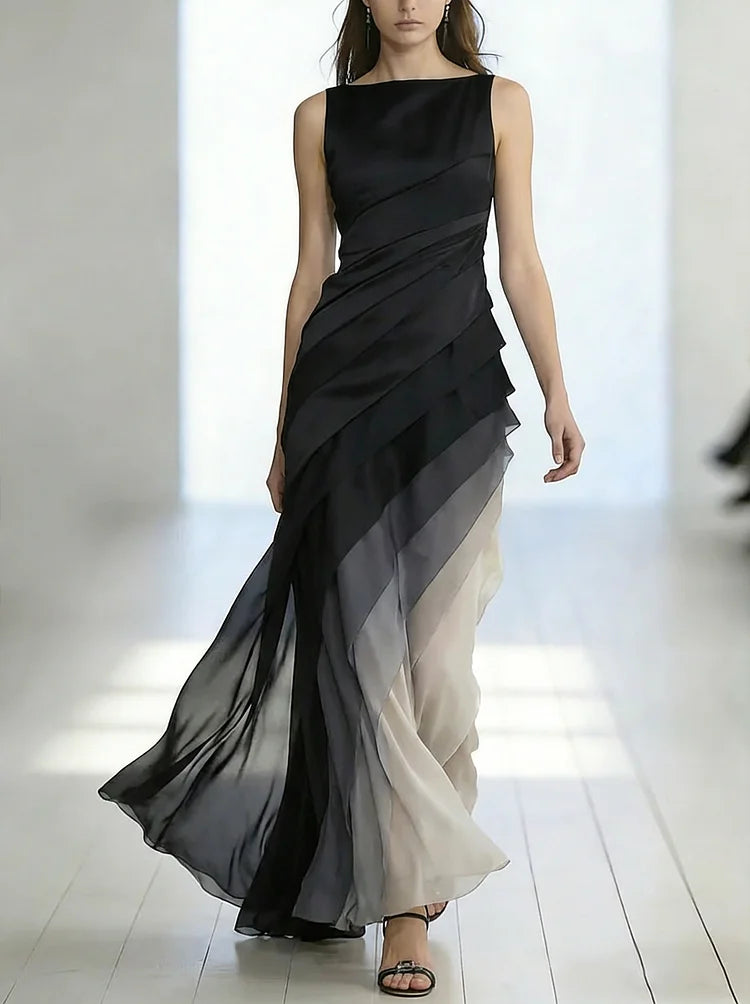 Vestido Largo Sin Mangas de Tul con Cintura Alta y Parches para Mujeres - Gala de Prom, Boda, Invitada de Noche Elegante – Lumière