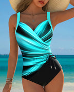 Traje de baño de una pieza para mujer con diseño de color contrastante, con cordones y frente envolvente, sin mangas, para la playa en verano