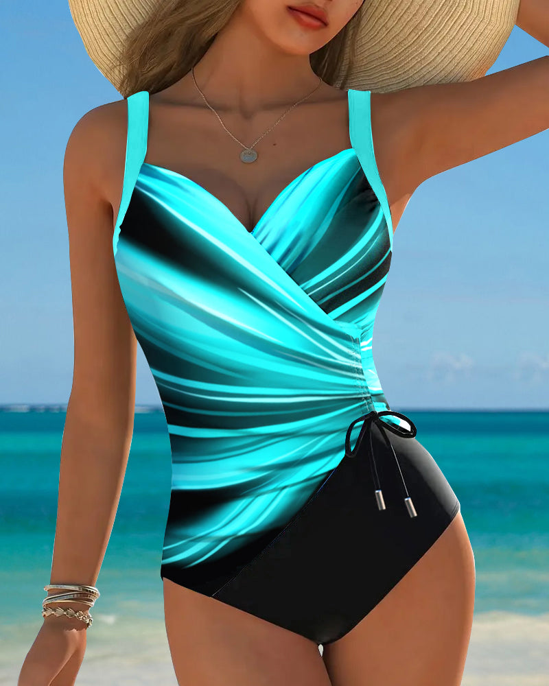 Traje de baño de una pieza para mujer con diseño de color contrastante, con cordones y frente envolvente, sin mangas, para la playa en verano