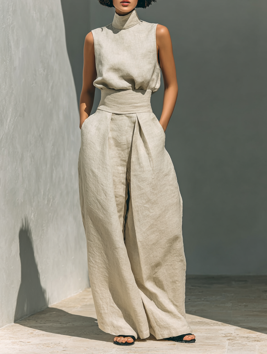 Conjunto de Dos Piezas de Lino y Algodón Minimalista para Mujer, Blusa Sin Mangas y Pantalones de Pierna Ancha, Casual Chic – Beige