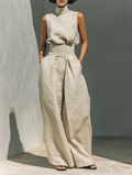 Conjunto de Dos Piezas de Lino y Algodón Minimalista para Mujer, Blusa Sin Mangas y Pantalones de Pierna Ancha, Casual Chic – Beige