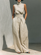 Conjunto de Dos Piezas de Lino y Algodón Minimalista para Mujer, Blusa Sin Mangas y Pantalones de Pierna Ancha, Casual Chic – Beige