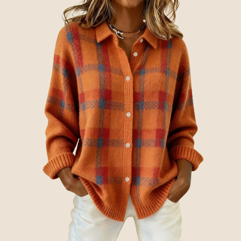 Camisa Chaqueta de Franela de Cuadros Retro para Mujer Casual de Todos los Días Otoño Invierno Acogedora para Exteriores Moda Urbana – Vivienne Naranja Azul Rojo