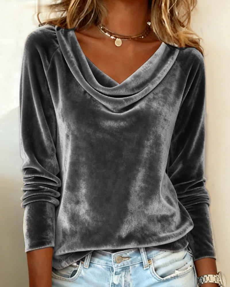 Top de Mujer de Terciopelo con Cuello Cowl de Manga Larga Casual Elegante para el Trabajo, Fiesta, Vacaciones y Ocasiones Festivas – Veloria