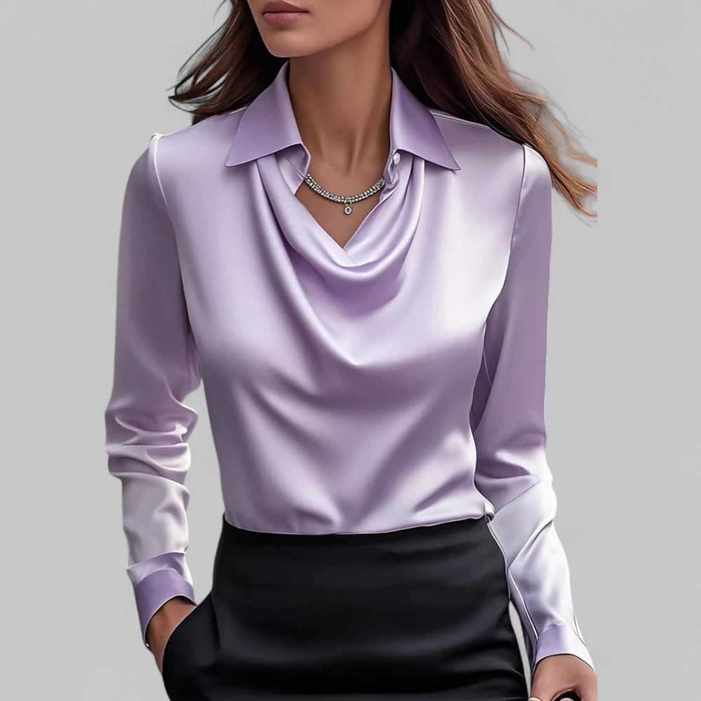 Blusa de Satén con Cuello Drapado y Manga Larga para Mujer Oficina Noche Elegante Seda Formal – Rosa