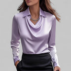 Blusa de Satén con Cuello Drapado y Manga Larga para Mujer Oficina Noche Elegante Seda Formal – Rosa