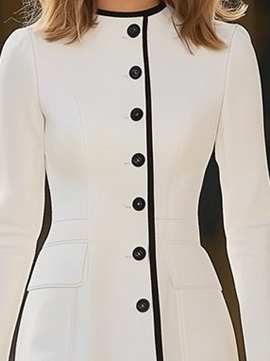 Vestido Midi de Vaquera Elegante para Mujeres con Color Bloqueado de Lana Sintética, Cuello Redondo, Botones – Blanco Marfil