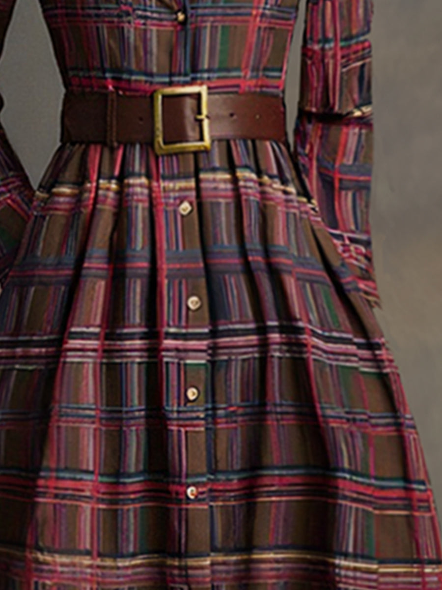 Vestido Largo de Vaquera Étnica Retro para Mujer con Cuello, Cinturón y Mangas Largas – Marrón Rojizo