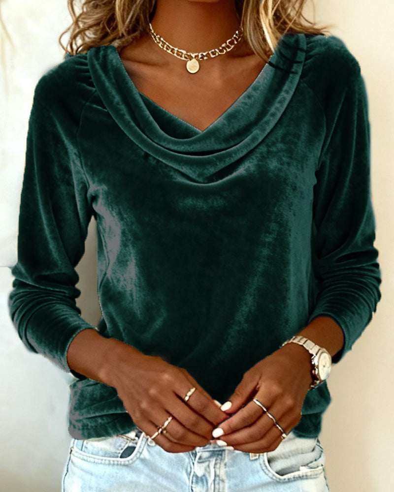 Top de Mujer de Terciopelo con Cuello Cowl de Manga Larga Casual Elegante para el Trabajo, Fiesta, Vacaciones y Ocasiones Festivas – Veloria