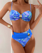 Conjunto de Bikini de Impresión Resort de Moda para Mujeres con Sujetador Sin Aros y Diseño Sin Espalda, Ajuste Delgado, Traje de Baño de Verano para Playa