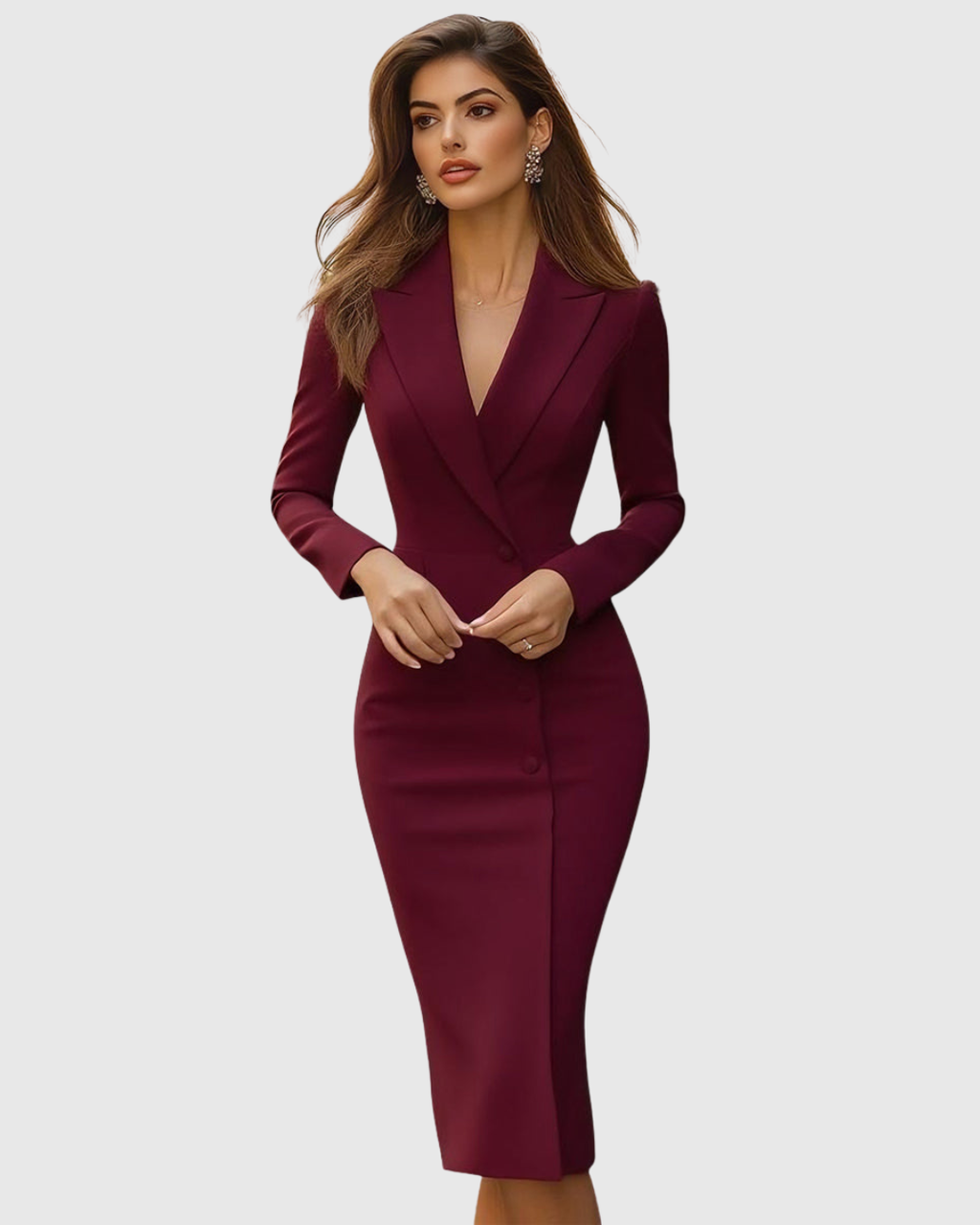 Vestido Midi Blazer Elegante y Entallado para Mujeres con Escote en V, Ajuste Slim, Formal, Casual, Invitada de Boda – Seleneva