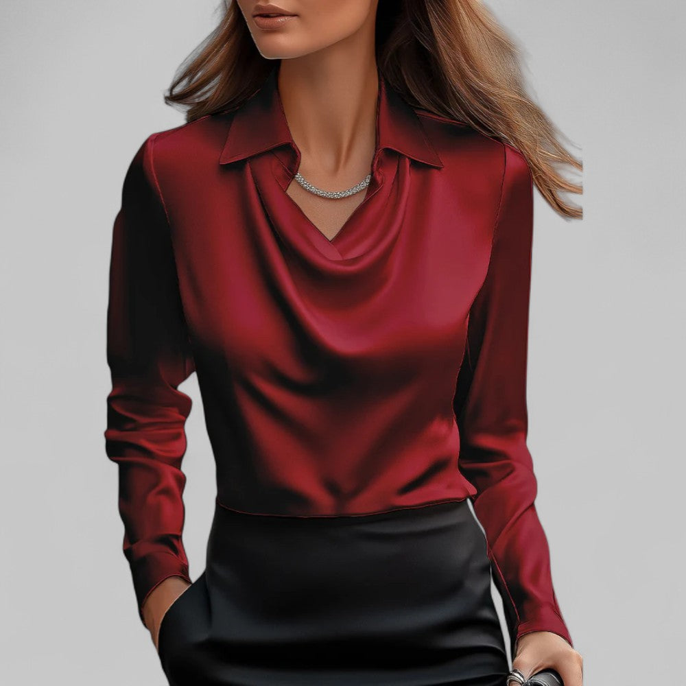 Blusa de Satén con Cuello Drapado y Manga Larga para Mujer Oficina Noche Elegante Seda Formal – Rosa