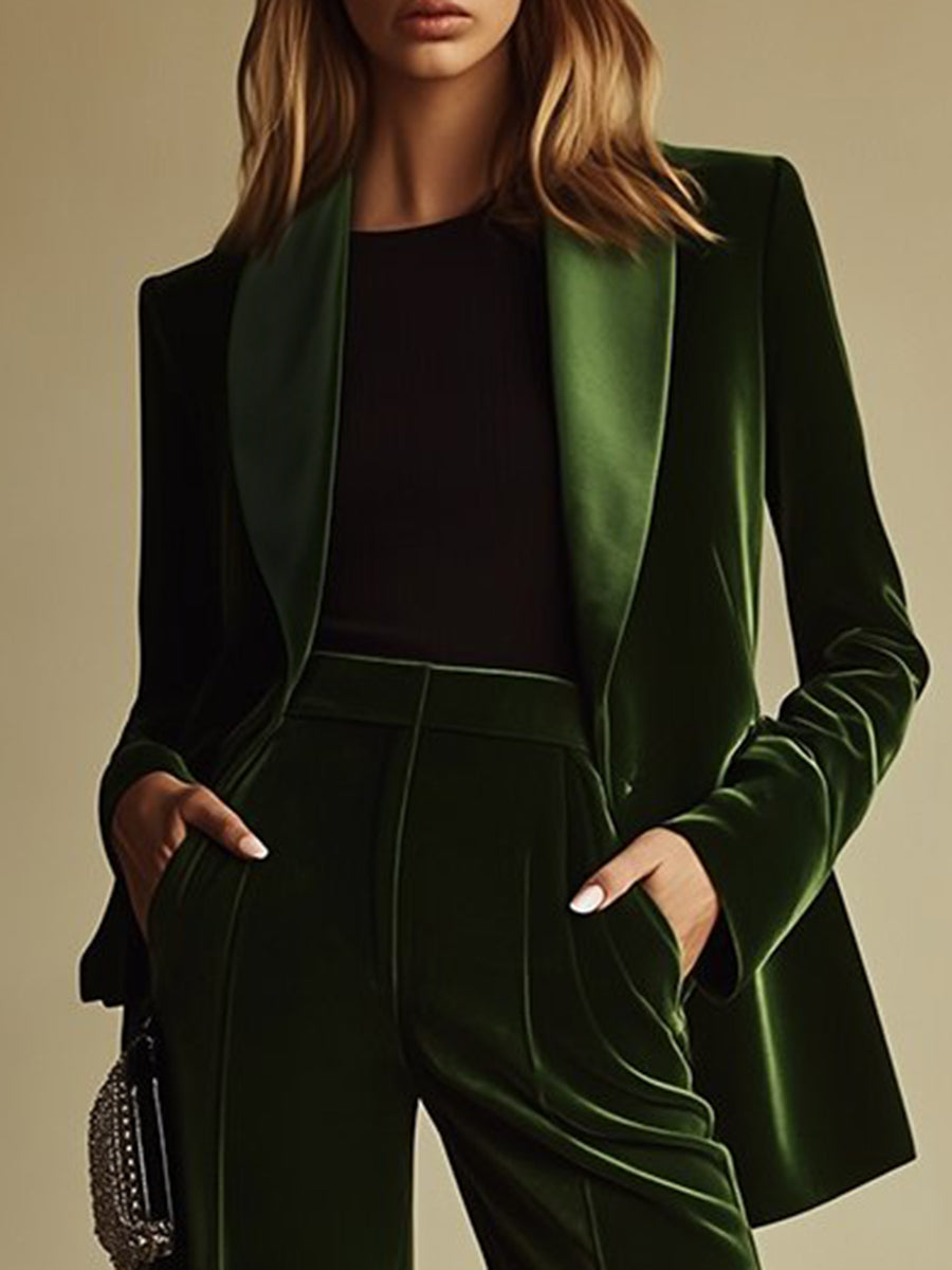 Traje de Dos Piezas de Terciopelo de Alta Gama para Mujeres con Blazer de Solapa Notch y Pantalones de Pierna Ancha Retro Elegante – Verde