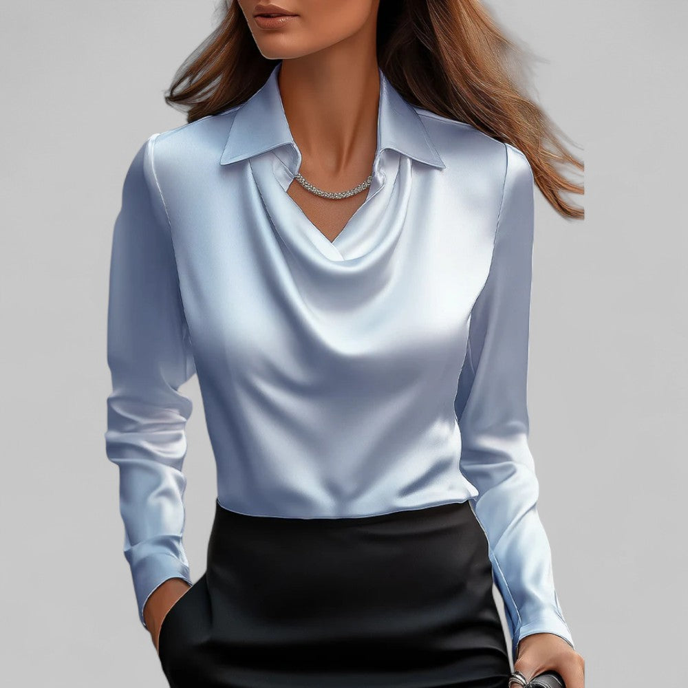 Blusa de Satén con Cuello Drapado y Manga Larga para Mujer Oficina Noche Elegante Seda Formal – Rosa